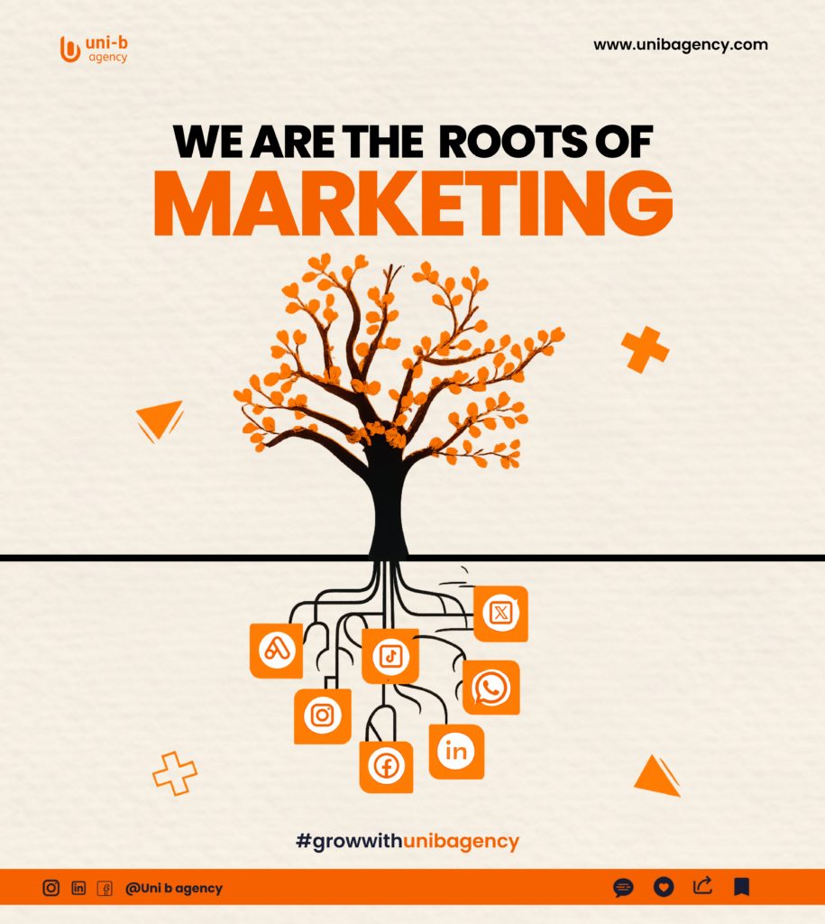 Building strong marketing foundations illustrated by a tree with deep roots connected to digital platforms, symbolizing sustainable brand growth in 2026.