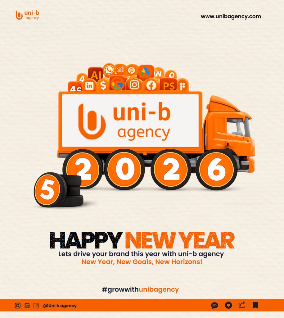 Digital growth in 2026 represented by an orange Uni B Agency truck driving forward with digital marketing icons, symbolizing progress, strategy, and brand momentum.